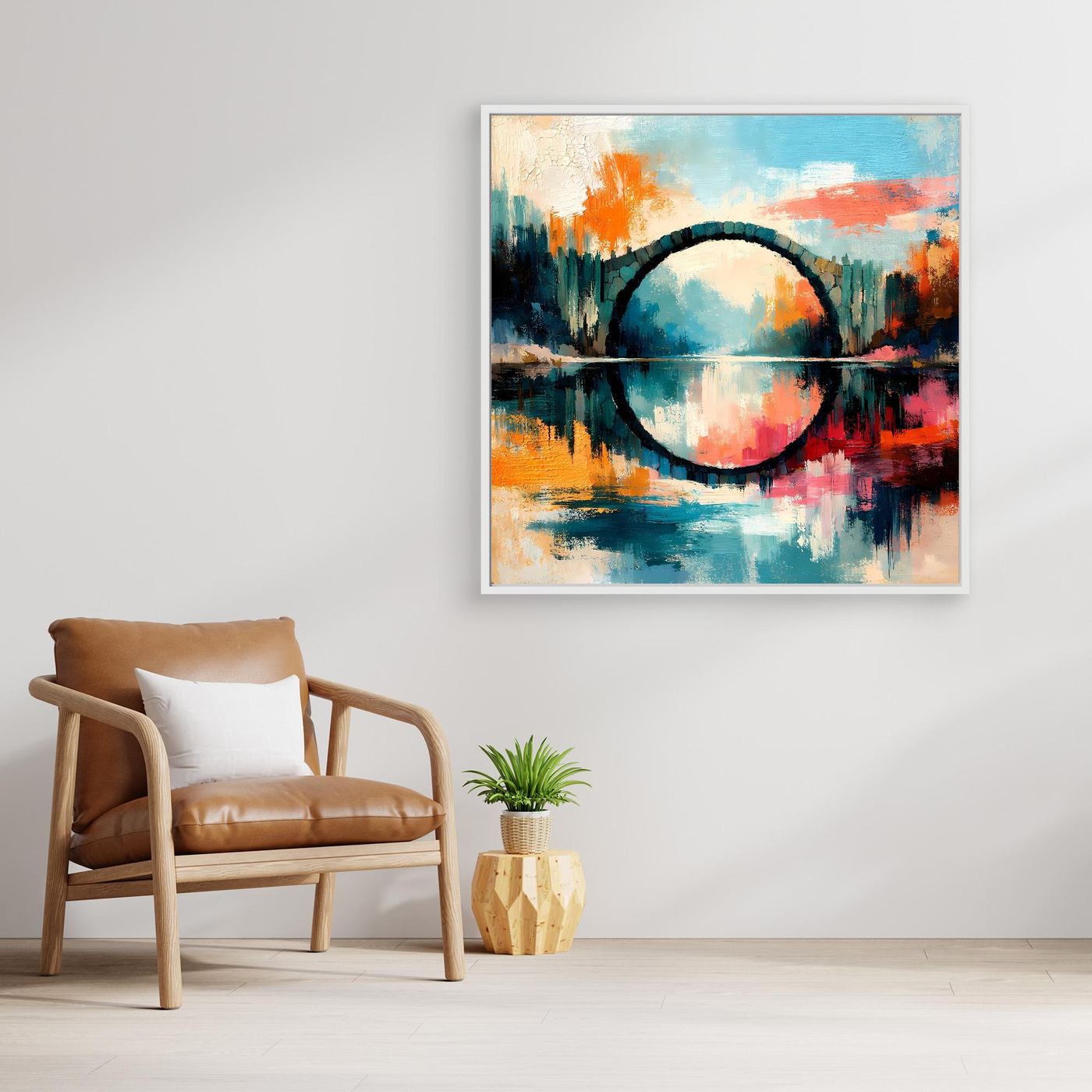 Premium Leinwand Mystische Kreisbrücke im Wasser | Abstraktes Natur Wandbild farbenfroh