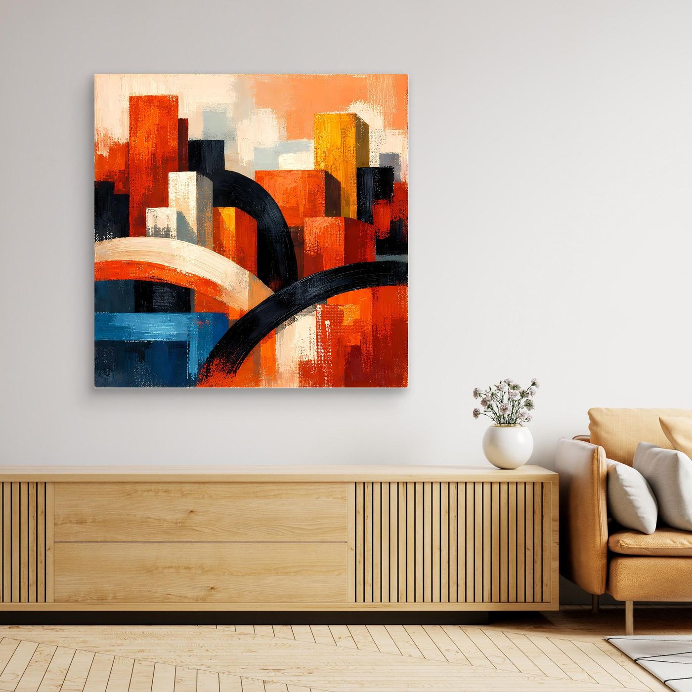 Leinwandbild mit hellem Rahmen, abstrakte Skyline mit orangefarbenen und blau-schwarzen Flächen
