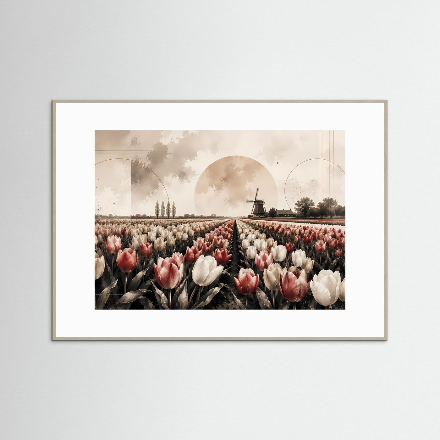 Landschafts-Poster im Querformat mit Tulpenfeld und Windmühle, beiger Rosa- und Creme-Ton, goldbraun gerahmt