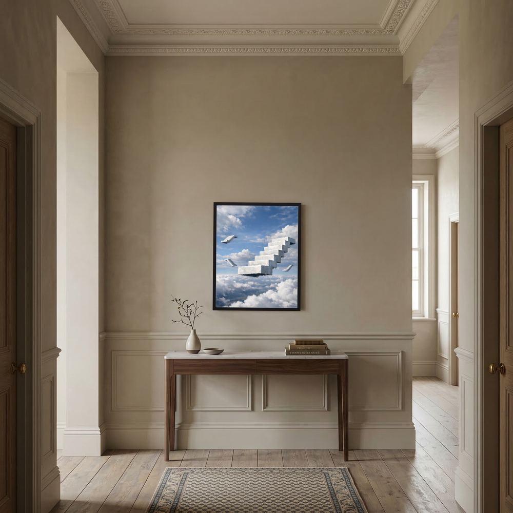 Gerahmtes Poster mit schwebenden weißen Treppen über Wolken in klassischem Flur