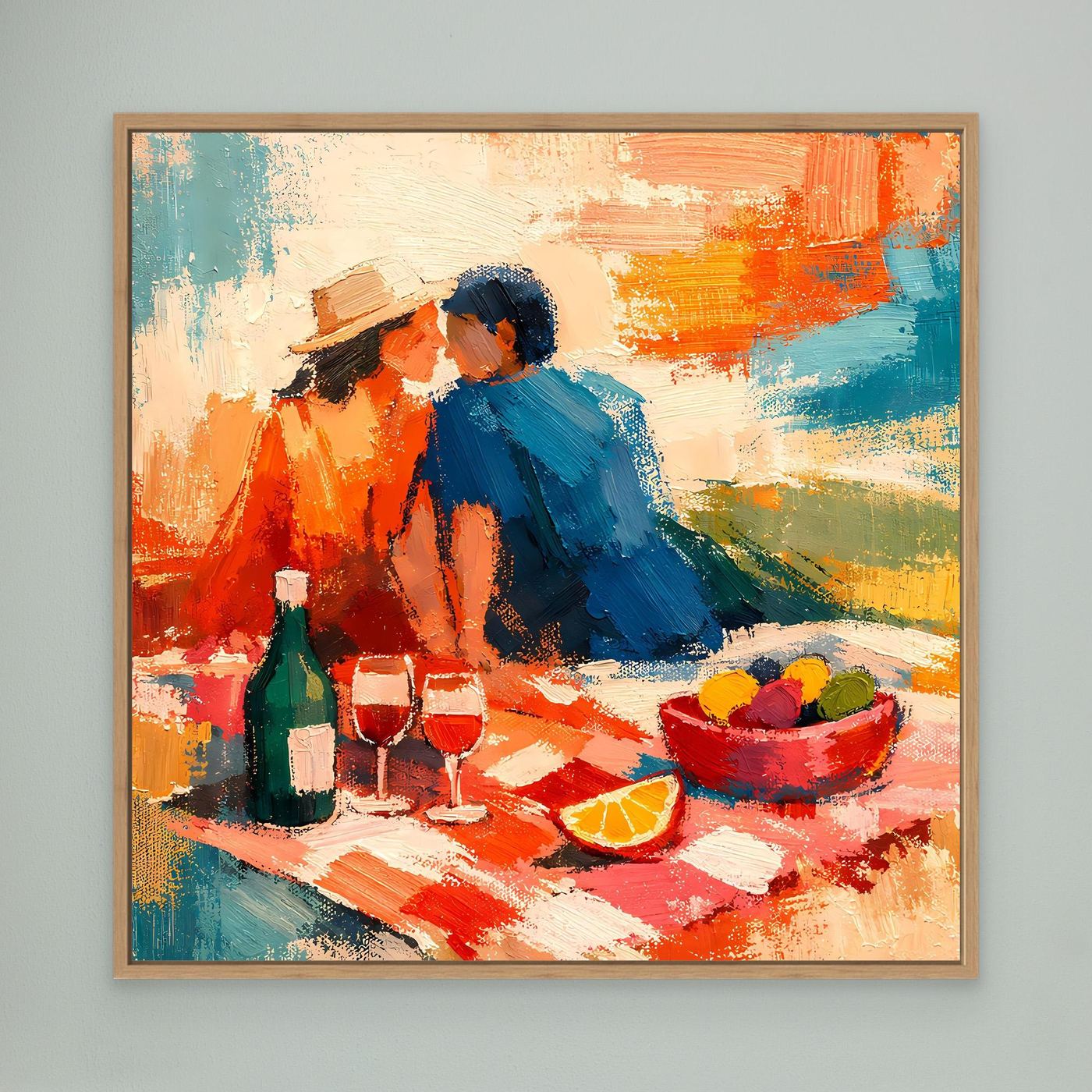 Leinwand-Wandbild im Eichenrahmen: abstraktes Picknick-Paar, Orange/Blau, Gläser und Obst