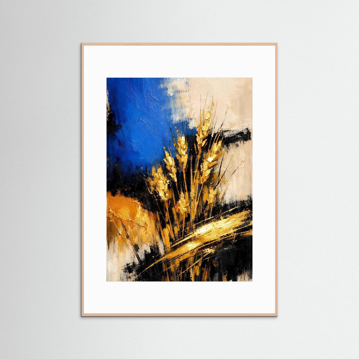 Kunstposter mit abstrakten goldenen Kornähren im roséfarbenen Rahmen