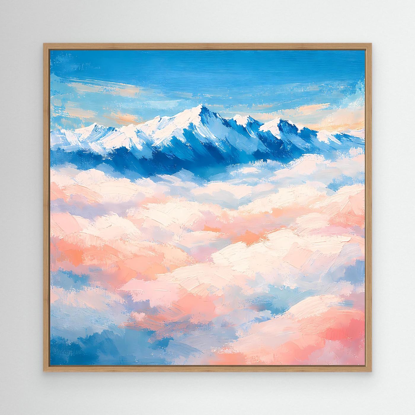 Abstraktes Leinwandbild mit verschneiten Berggipfeln über Wolken, Eichenrahmen