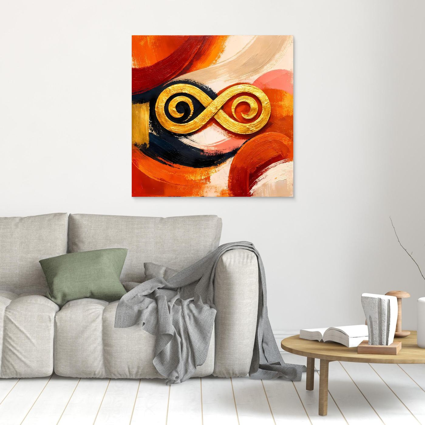 Leinwandbild mit goldenem Unendlichkeitszeichen im abstrakten Orange-Rot-Motiv, dünner Rahmen