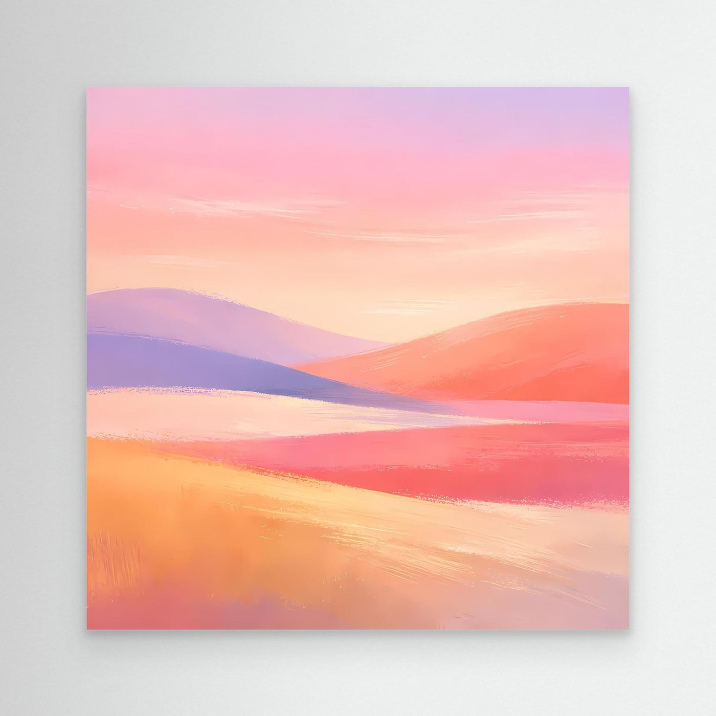 Leinwandbild mit abstrakter Hügellandschaft in Pastellfarben: Rosa, Lila und Orange.