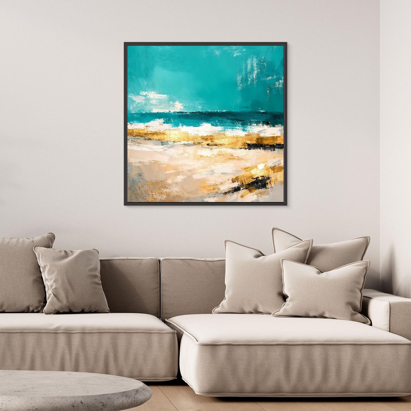 Leinwand Abstraktes Strandgemälde in Türkis und Gold | Modernes Meer Wandbild