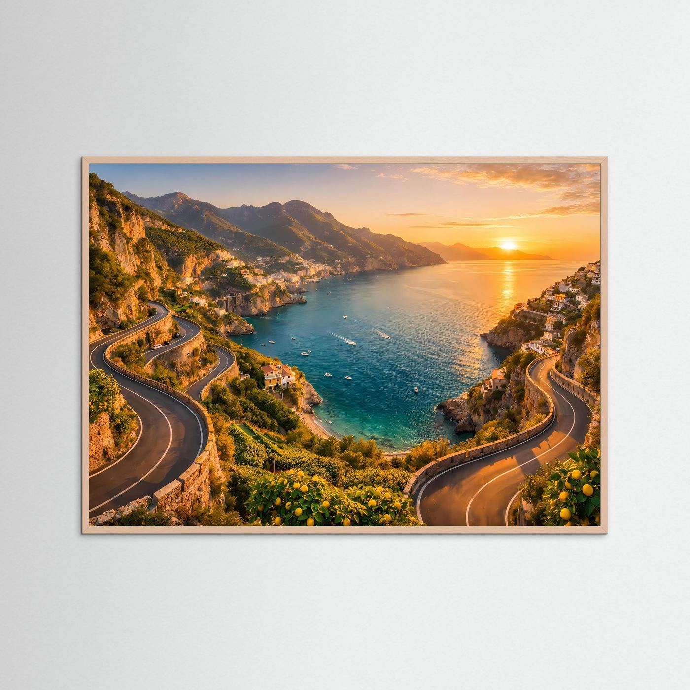 Sonnenuntergang an der Amalfiküste mit Küstenstraße | Panorama Italien & Meer Poster Querformat