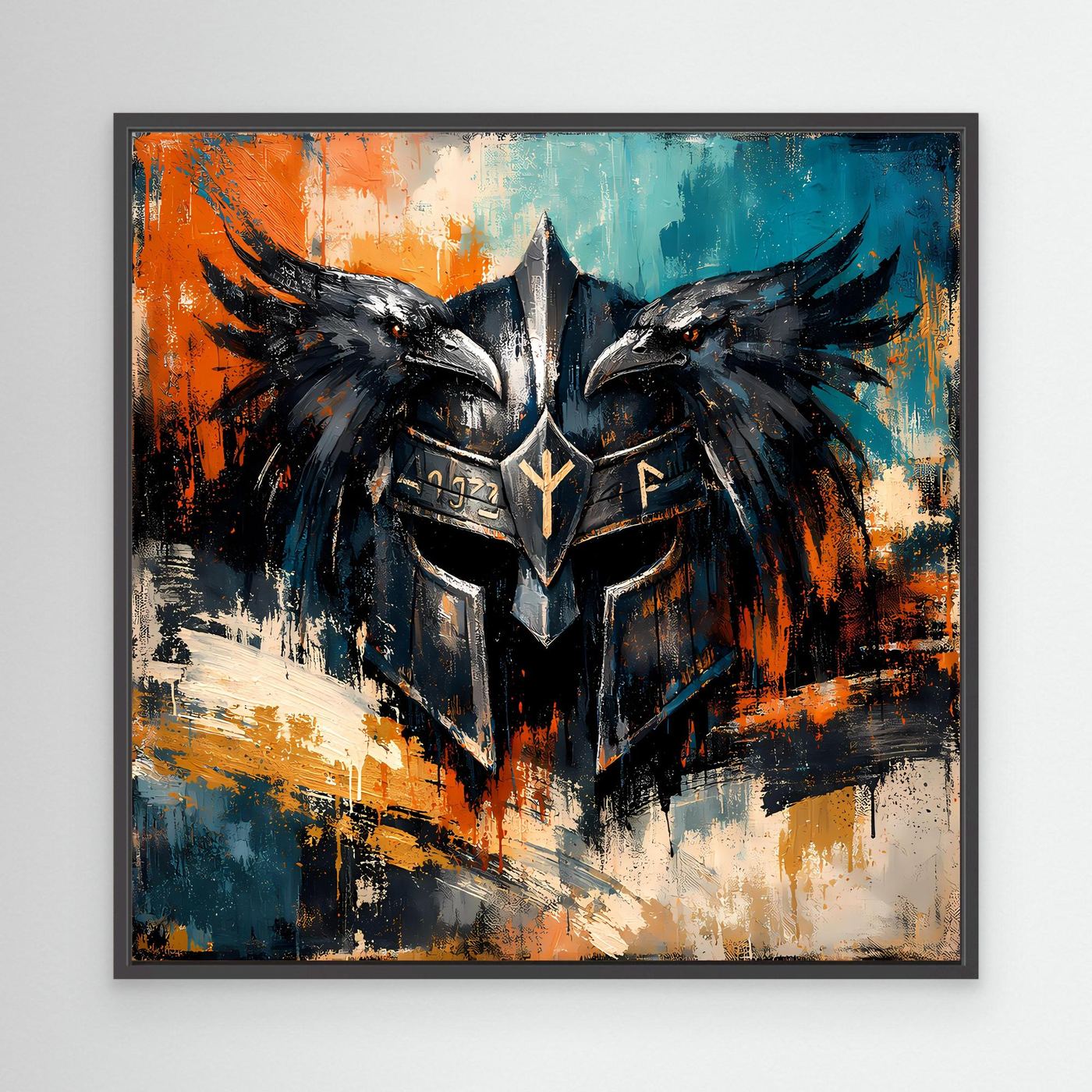Wikinger-Wandbild mit Odin-Helm und zwei Raben, schwarzer Rahmen, abstrakte Farbflächen