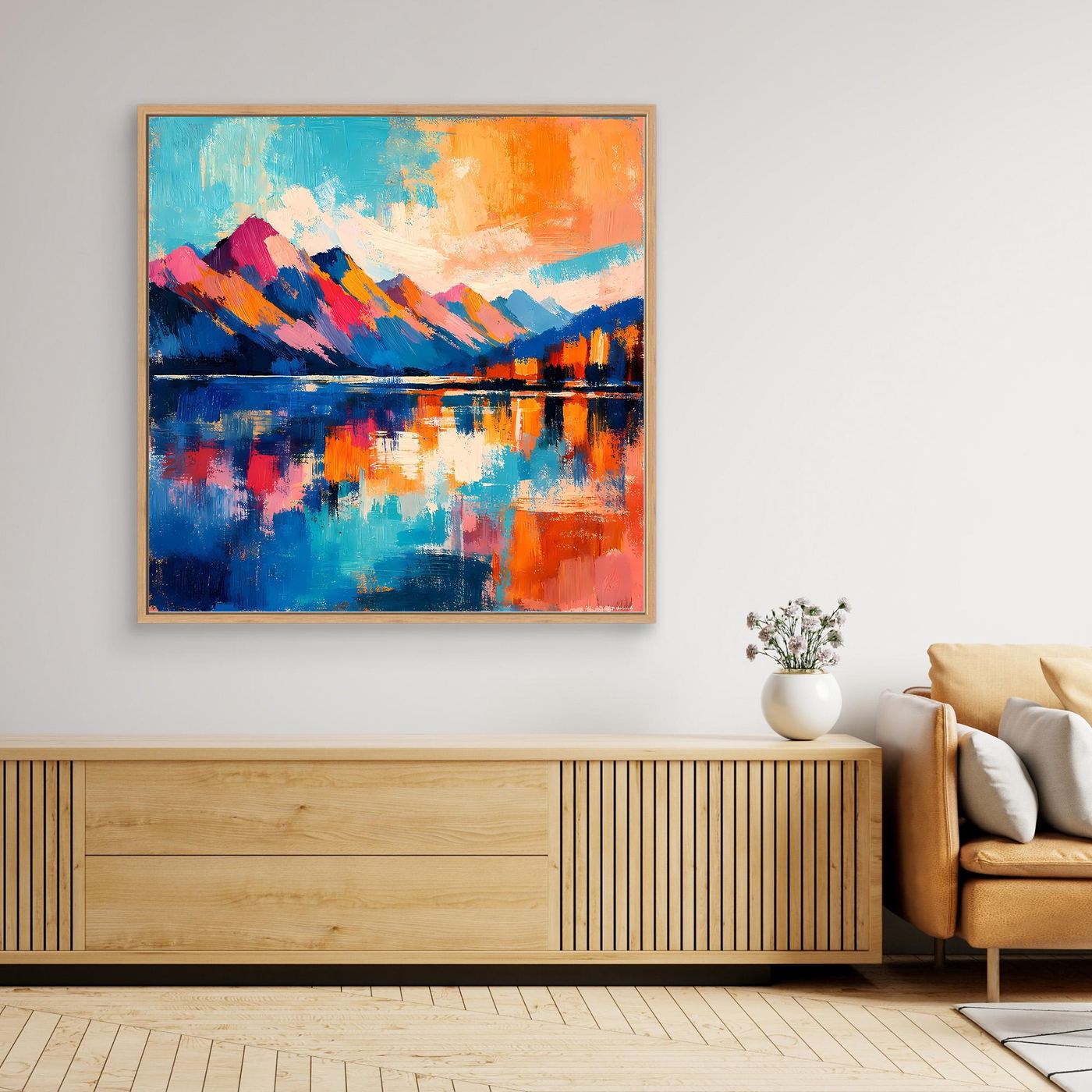 Wandbild Leinwand mit abstrakter Berglandschaft (Blau, Orange, Pink) und Holzrahmen