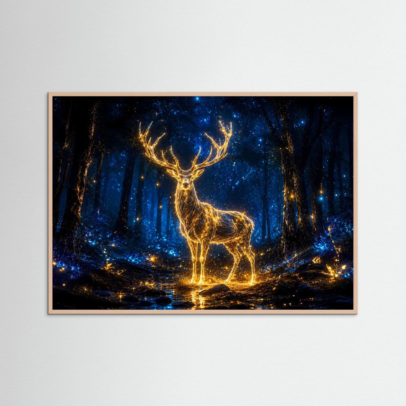 Leuchtender Hirsch Poster | Mystischer Wald Wandbild | Magisches Hirschmotiv in Blau und Gold