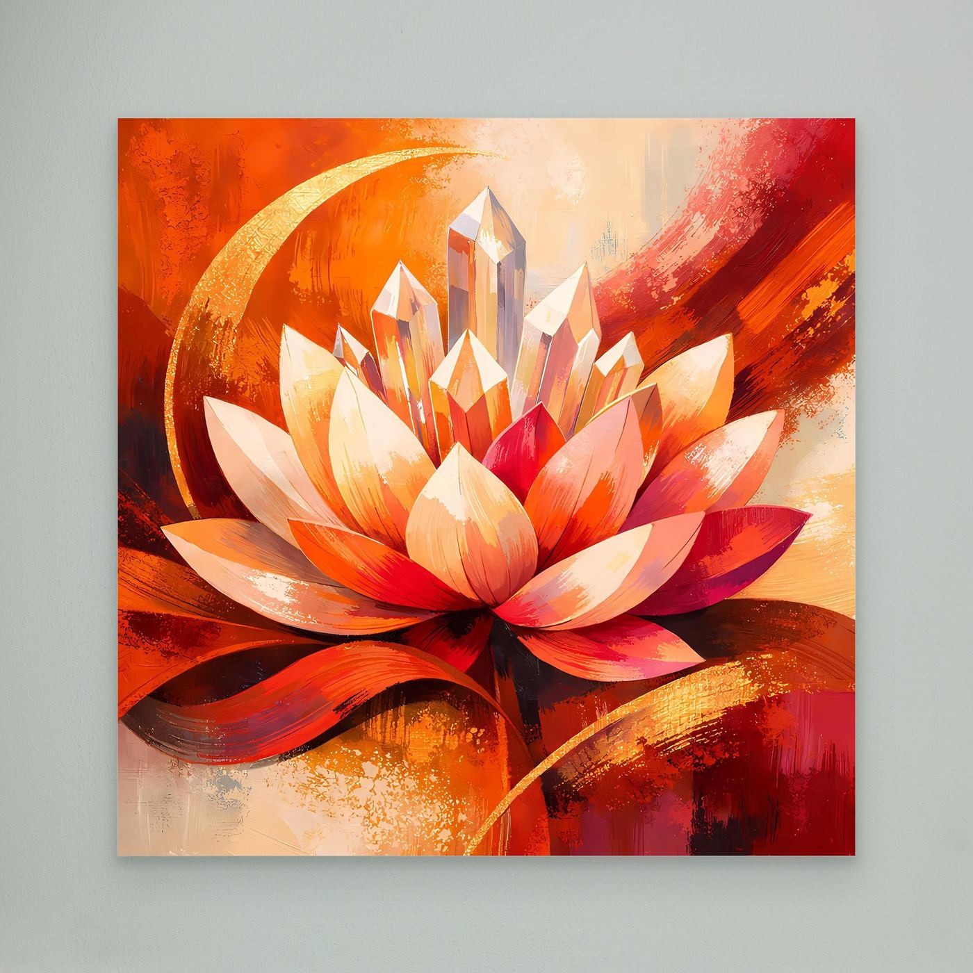 Leinwandbild mit abstrakter Lotusblüte in Orange und Rot, ohne sichtbaren Rahmen