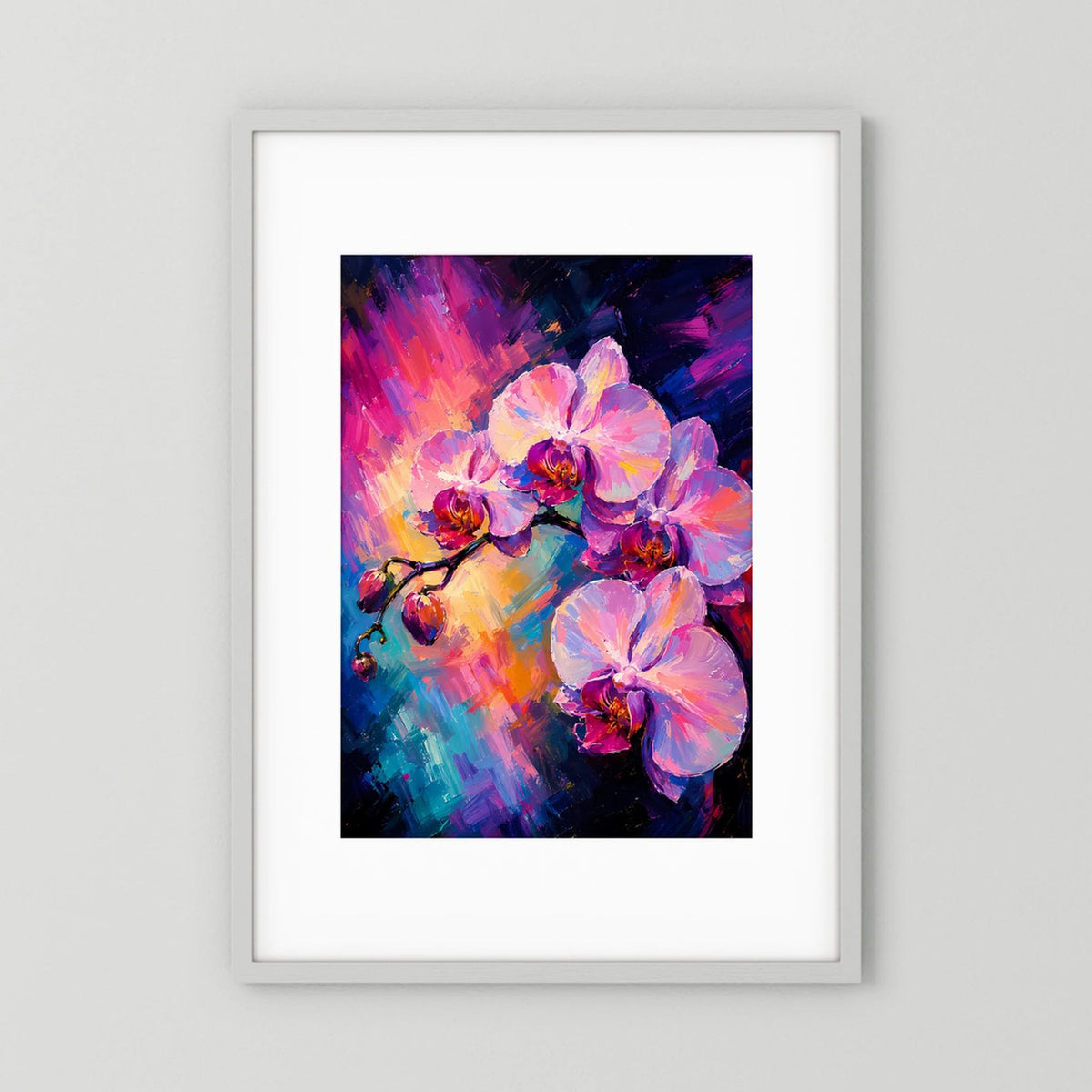 Hochformatiges Kunstposter mit abstrakten pinken Orchideenblüten