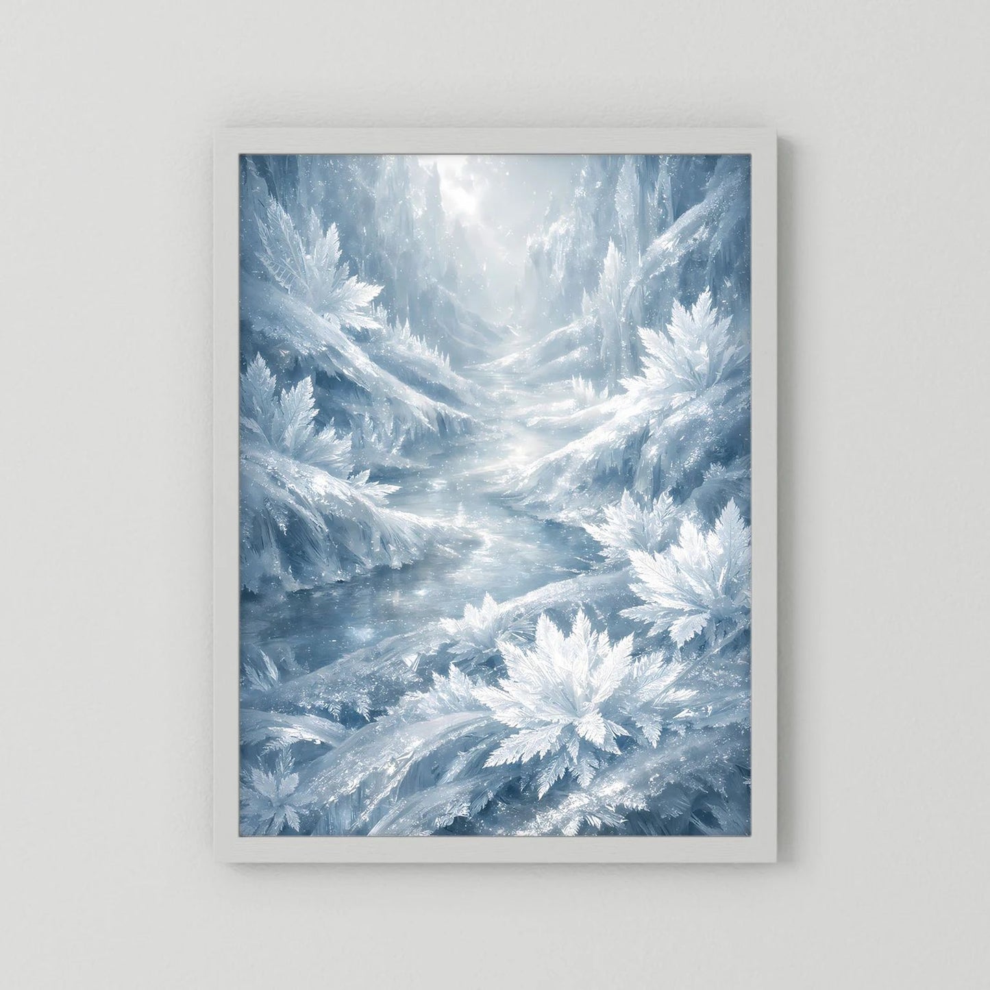 Winterlandschafts-Poster mit eisblauen Eiskristallen im Bach, weißer Rand