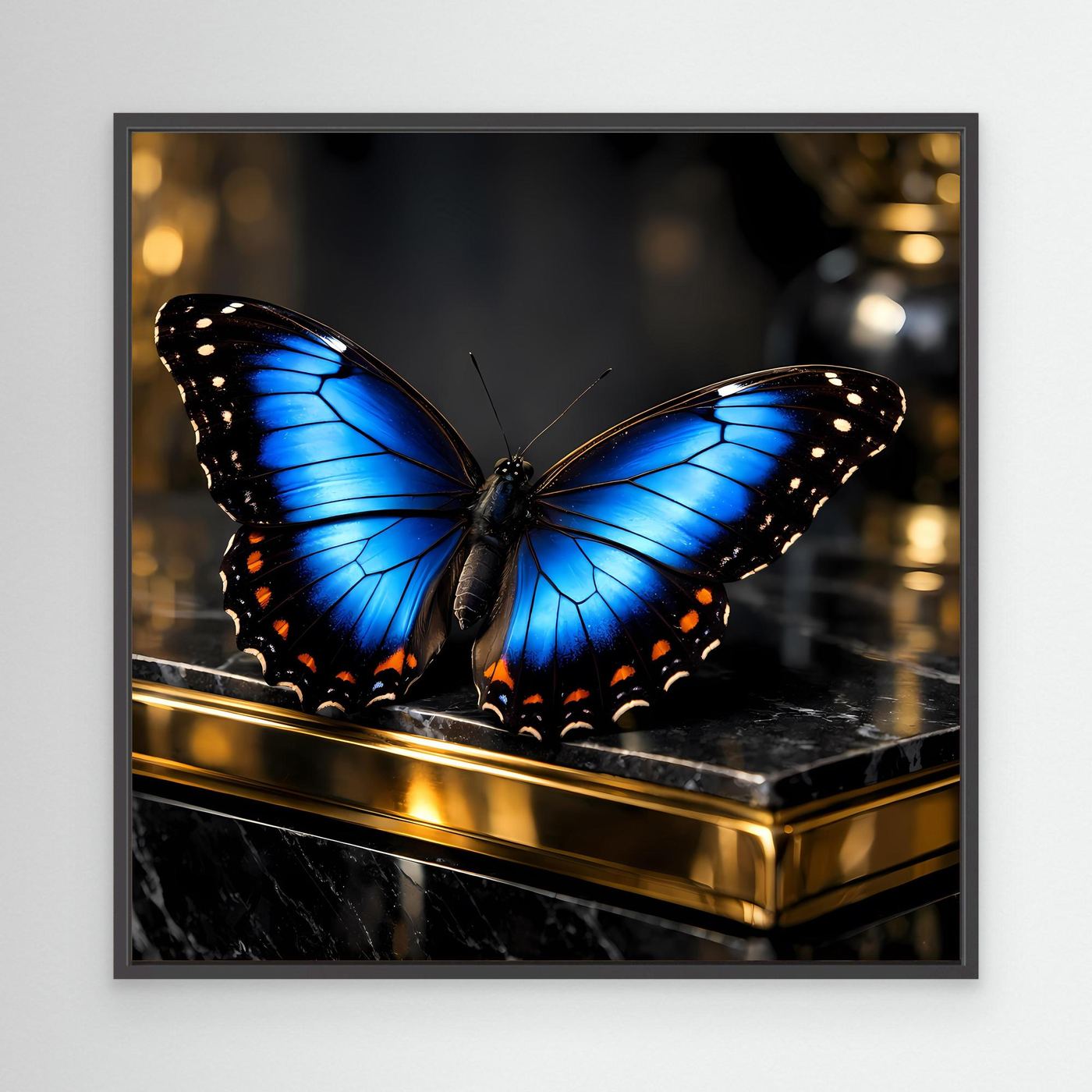 Wandbild mit blauer Schmetterling-Flügelillustration, schwarzer Rahmen