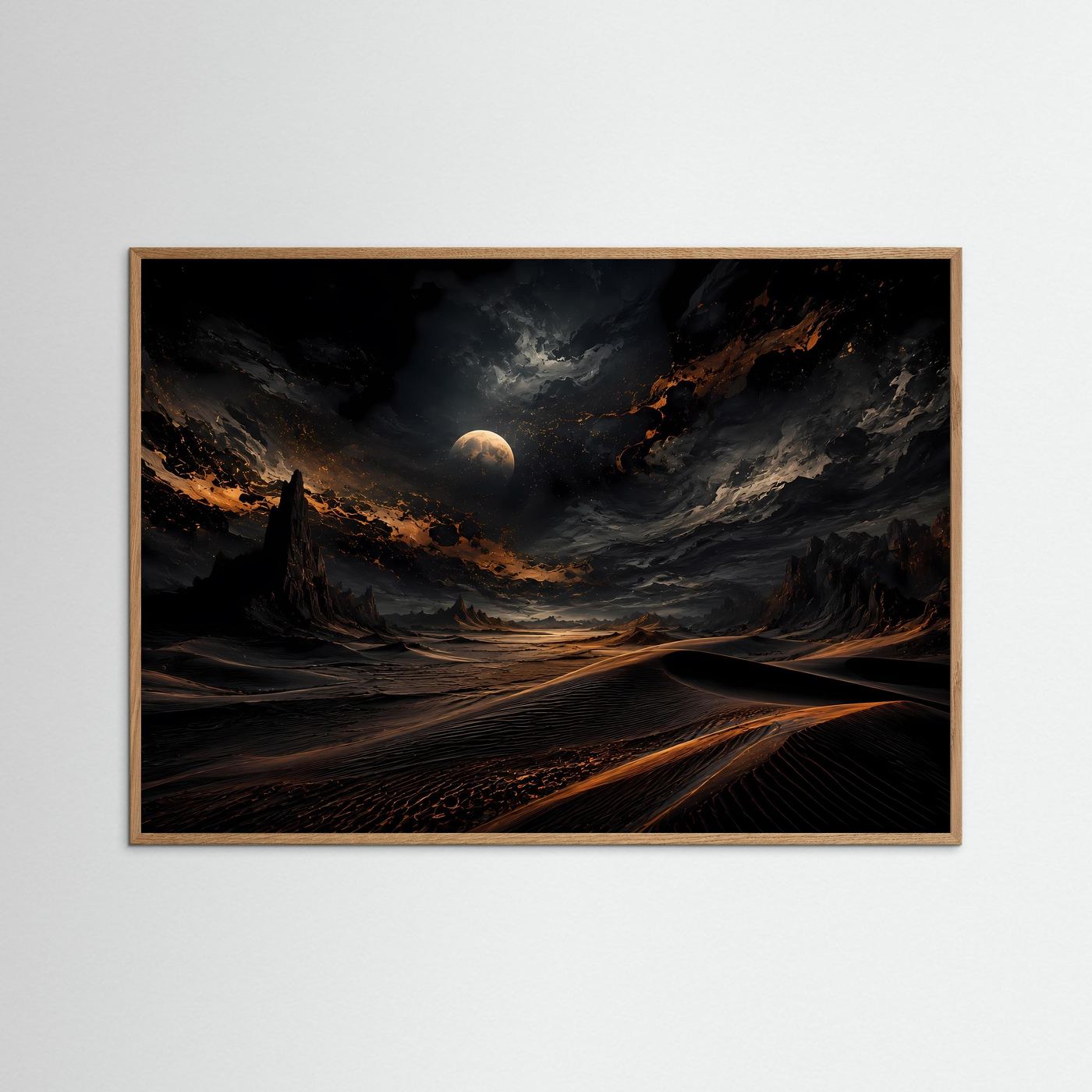 Mystische Wüste bei Nacht | Mondlandschaft Wandbild | Dunkle Dünen mit Gold Licht | Abstrakte Wüstenkunst | Premium Leinwand Poster