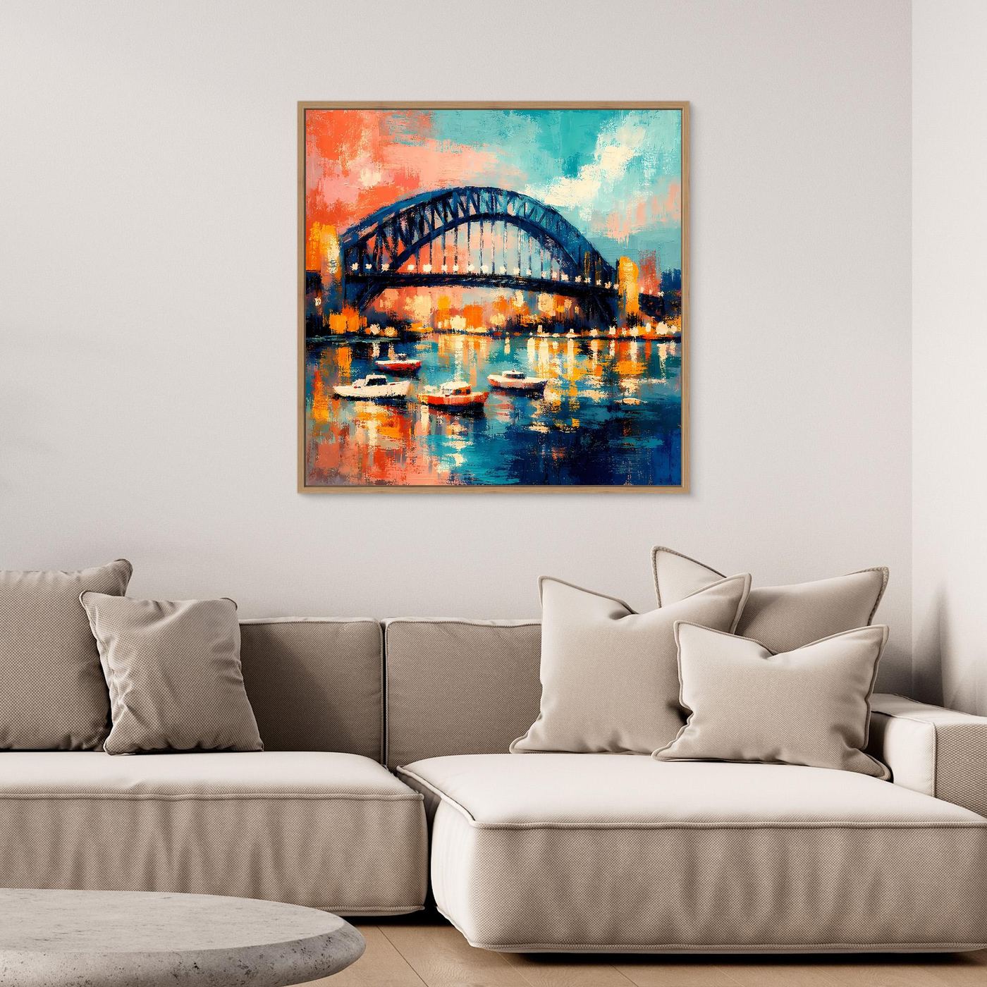 Leinwand-Wandbild: Brücke bei Nacht über Hafenwasser mit Booten und orange-blauem Farbschimmer