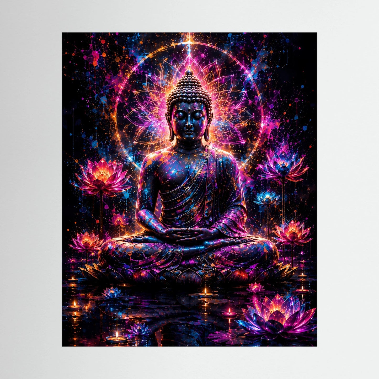 Meditationsposter mit sitzendem Buddha, leuchtender Lotus-Deko und farbigem Aura-Kreis