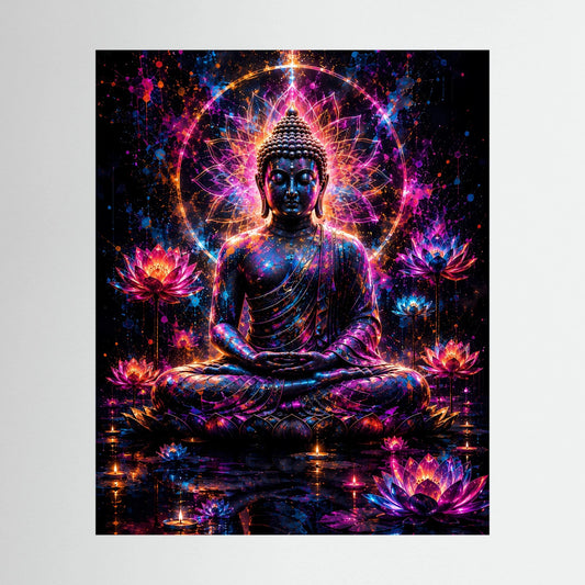 Meditationsposter mit sitzendem Buddha, leuchtender Lotus-Deko und farbigem Aura-Kreis