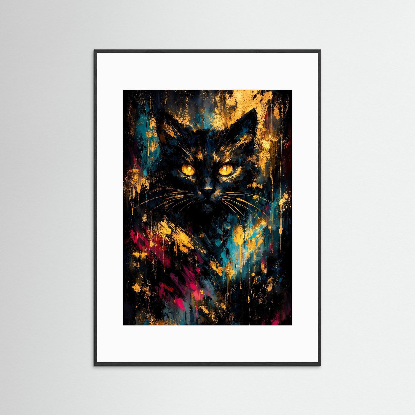 Katzen-Poster mit schwarzem Rahmen und weißem Passepartout, abstraktes Katzengesicht