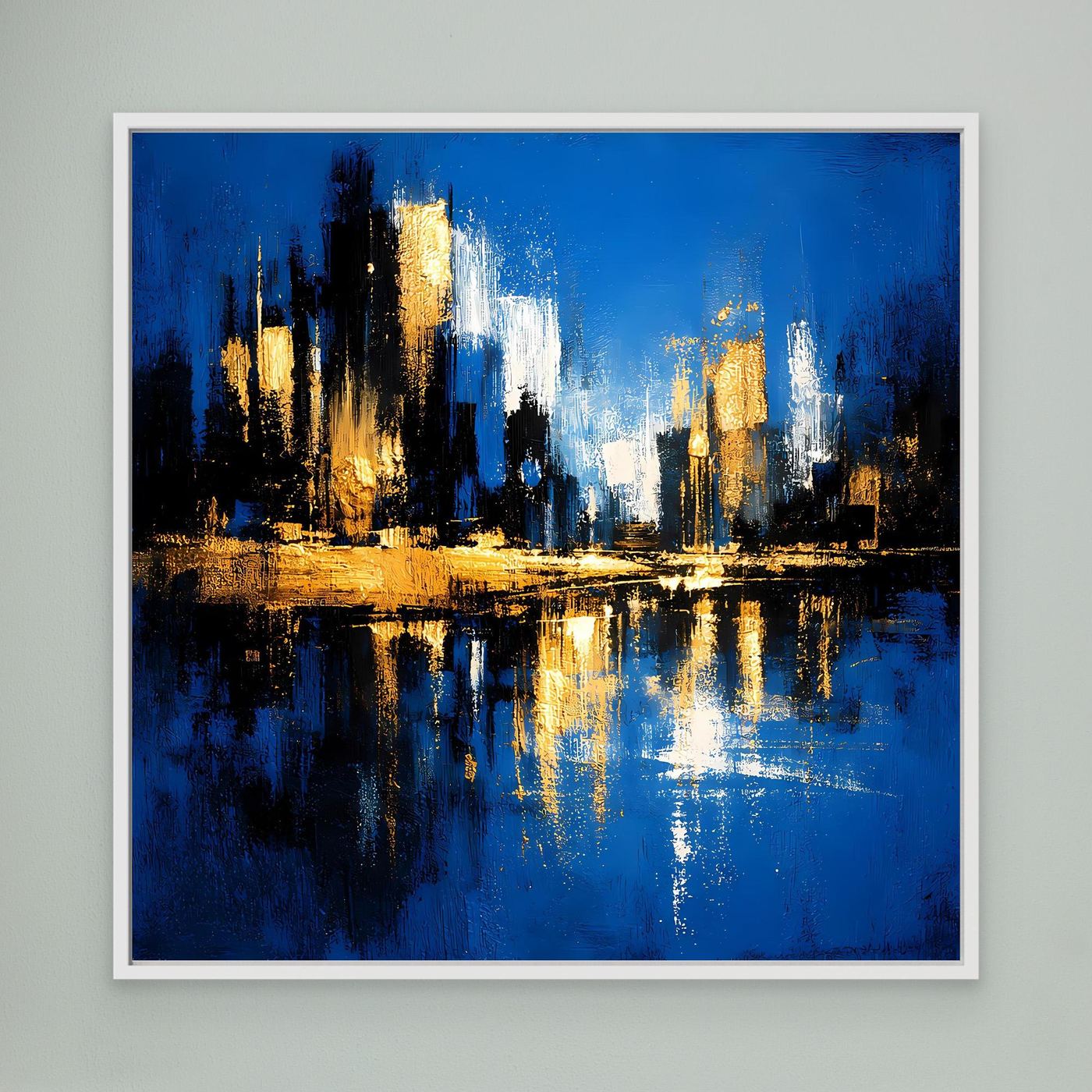 Leinwand Abstrakte Skyline in Blau und Gold | Modernes Großstadt Wandbild mit Spiegelung