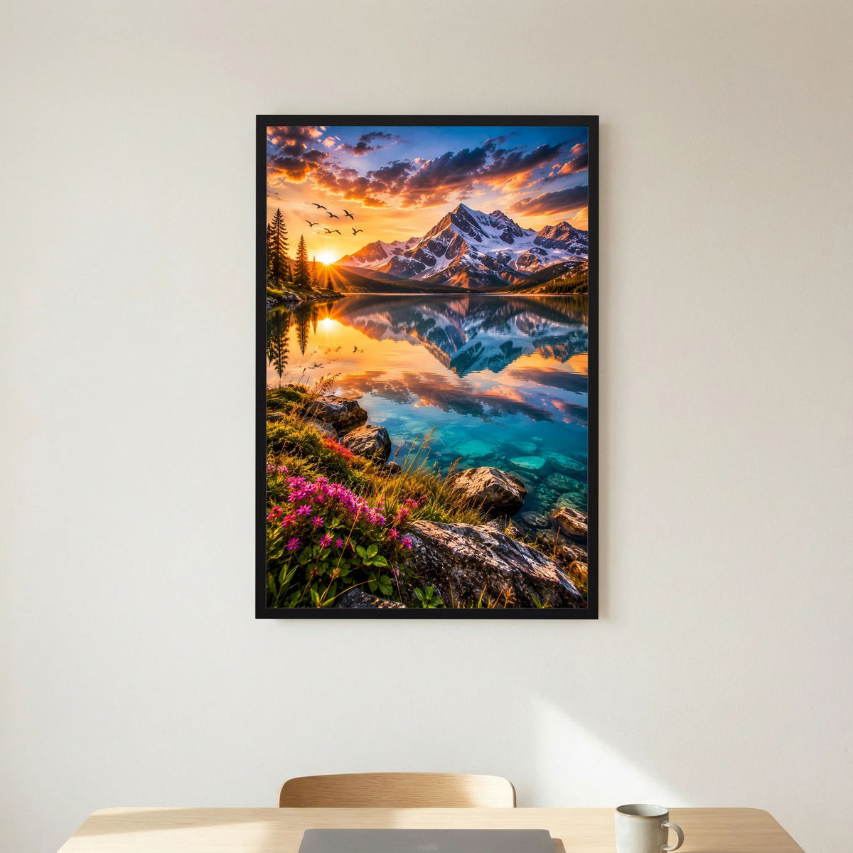 Poster Hochformat neben dem Tisch: Alpenlandschaft am Abend mit spiegelndem Bergsee