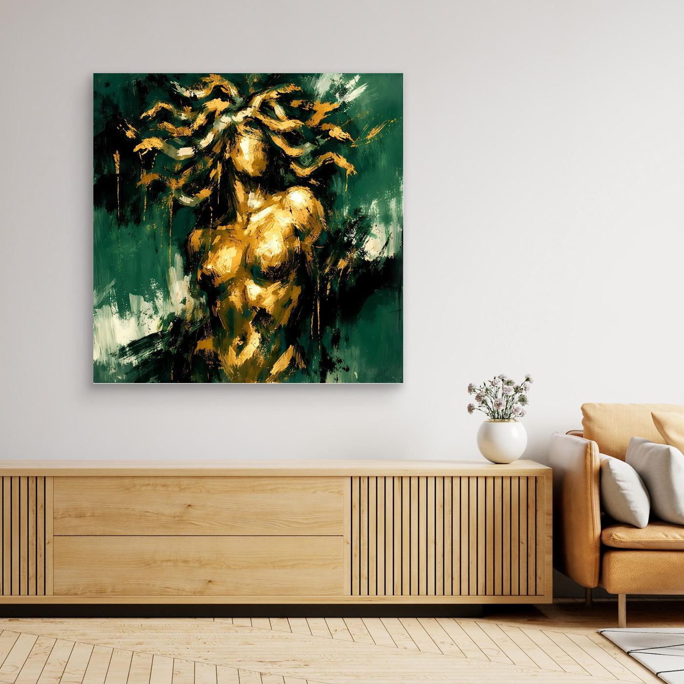 Leinwand Mystische Medusa in Smaragdgrün | Abstraktes Mythologie Wandbild Gold