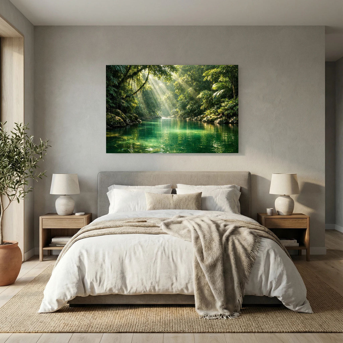 Querformat-Poster mit tropischer Flusslandschaft und leuchtenden Lichtkegeln