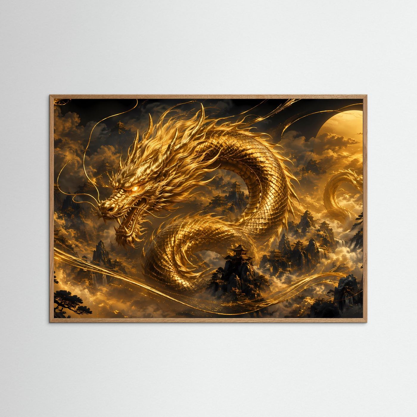 Querformat-Poster mit hellbraunem Holzrahmen: goldener Drache über Tempelbergen, Schwarz-Gold