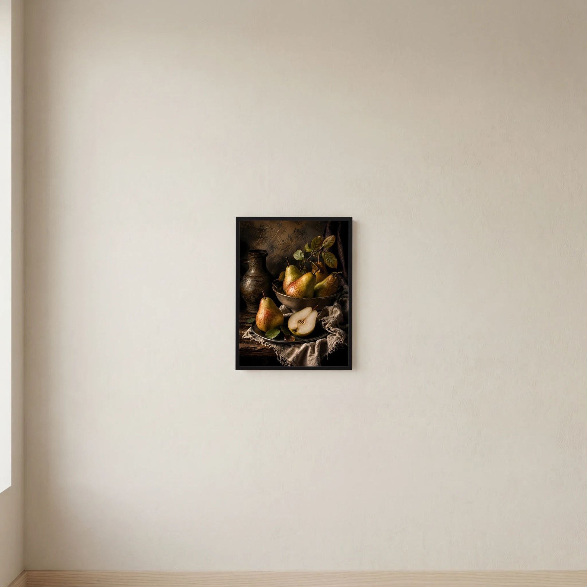 Stillleben-Poster mit Birnen und Vase, im schwarzen Rahmen, mit Stofftuch