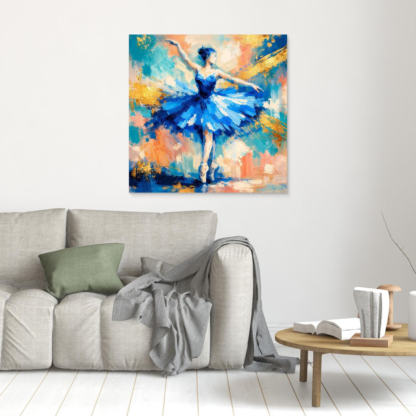 Leinwandbild mit Ballerina in Blau, abstrakte Farbflecken, klein