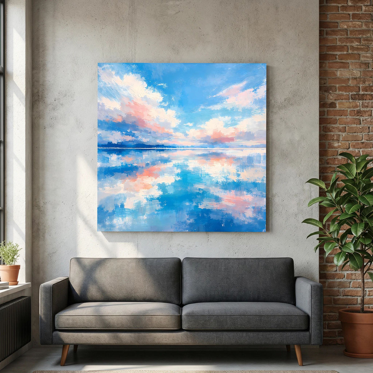 Abstraktes Leinwandbild auf Keilrahmen mit Wolken und Meeresspiegel, blau-pastellig