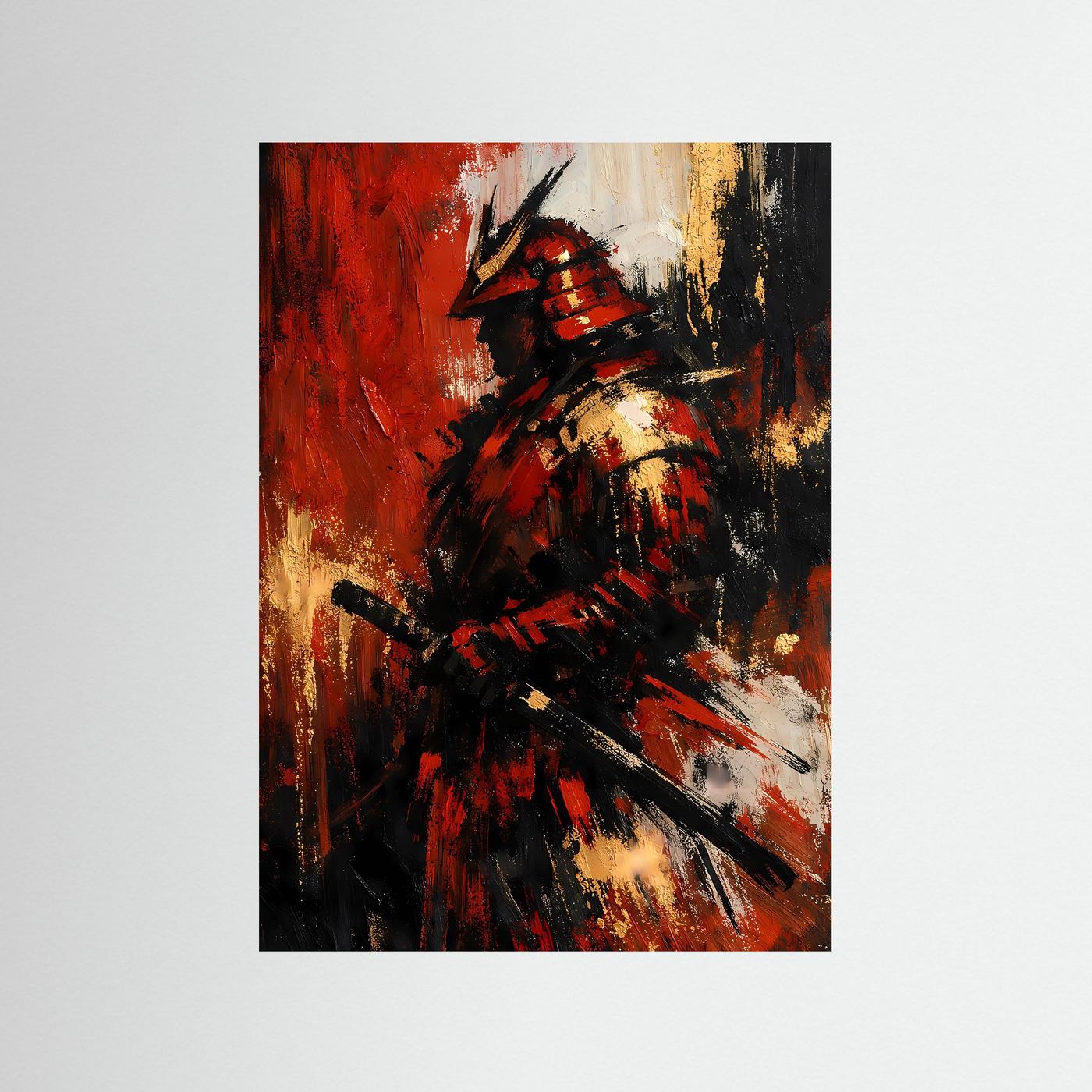 Samurai-Kunstposter, ungerahmt, tiefrot, gold und schwarze Pinselstreifen