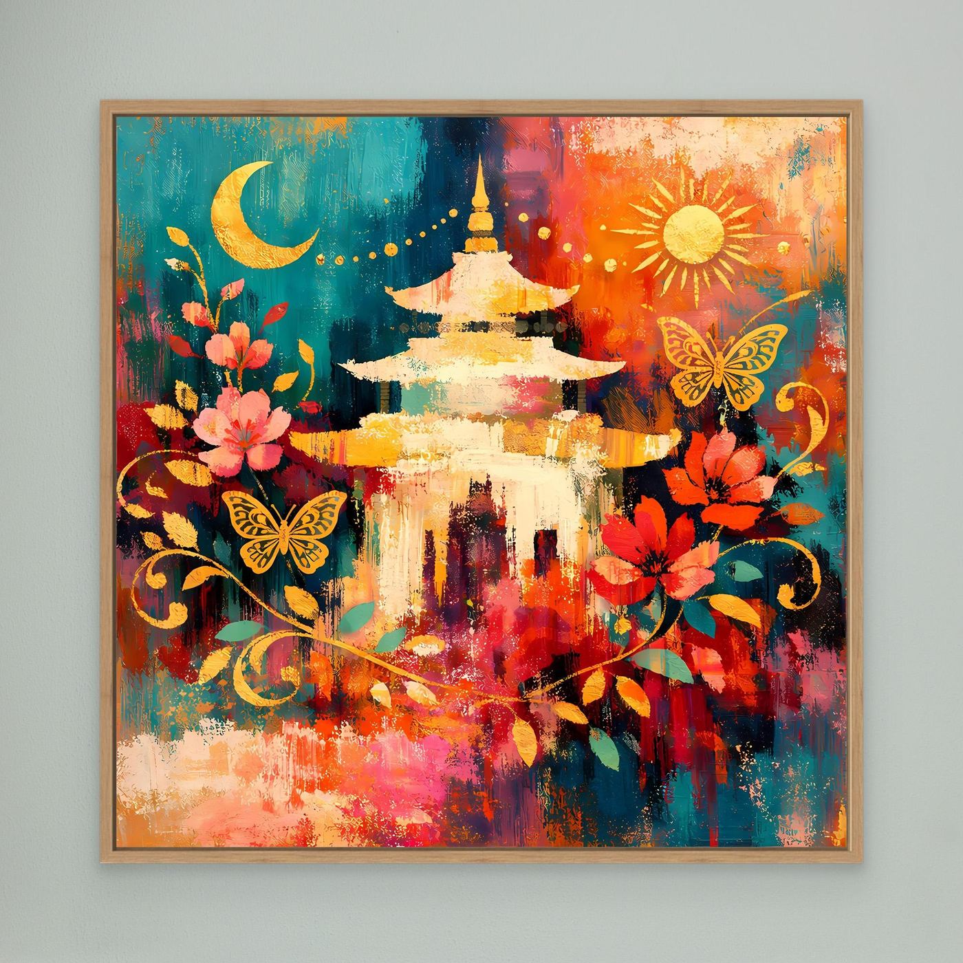 Wandbild mit goldener Pagode, Mond, Sonne, Blumen und Schmetterlingen im braunem Rahmen