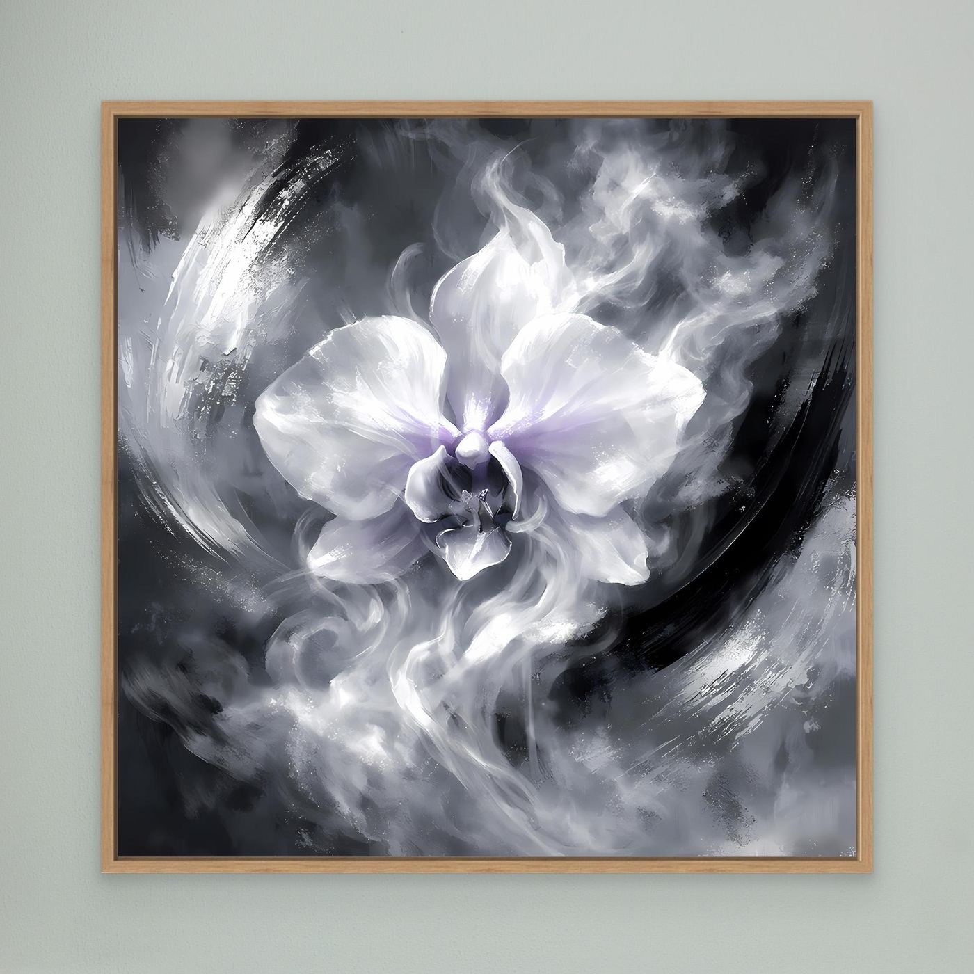Leinwandbild Orchidee, abstrakt in Schwarzweiß, mit hellem Holzrahmen