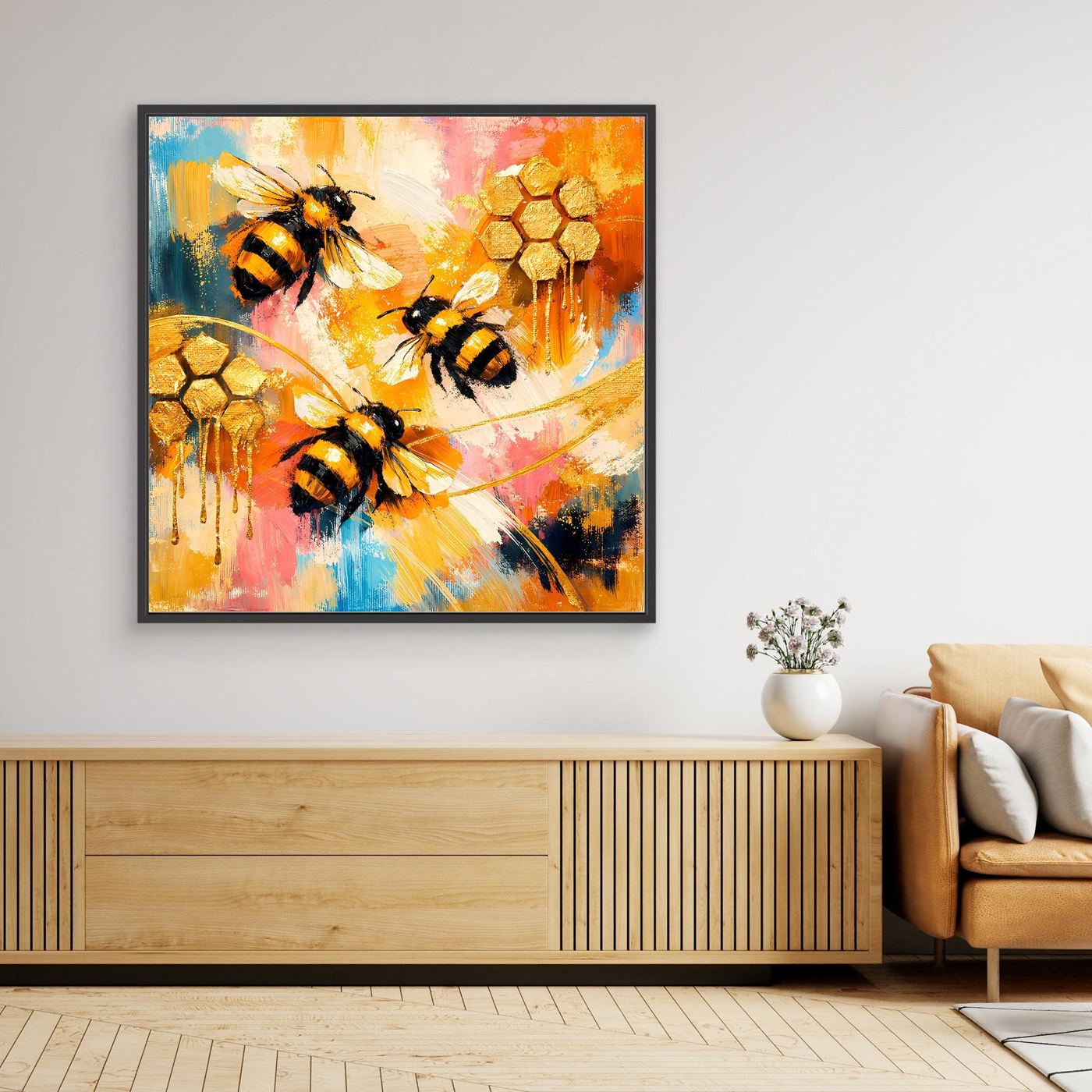 Leinwandbild mit Bienenmotiv, goldene Abstraktion, schwarzer Rahmen