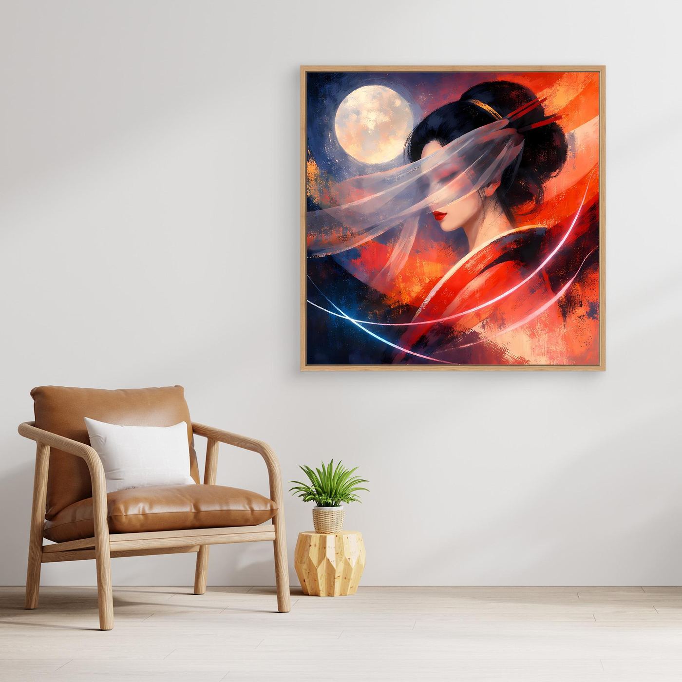 Leinwandbild mit Geisha-Porträt, abstrakt mit Mond, Kirschrot/Nachtblau, goldener Rahmen