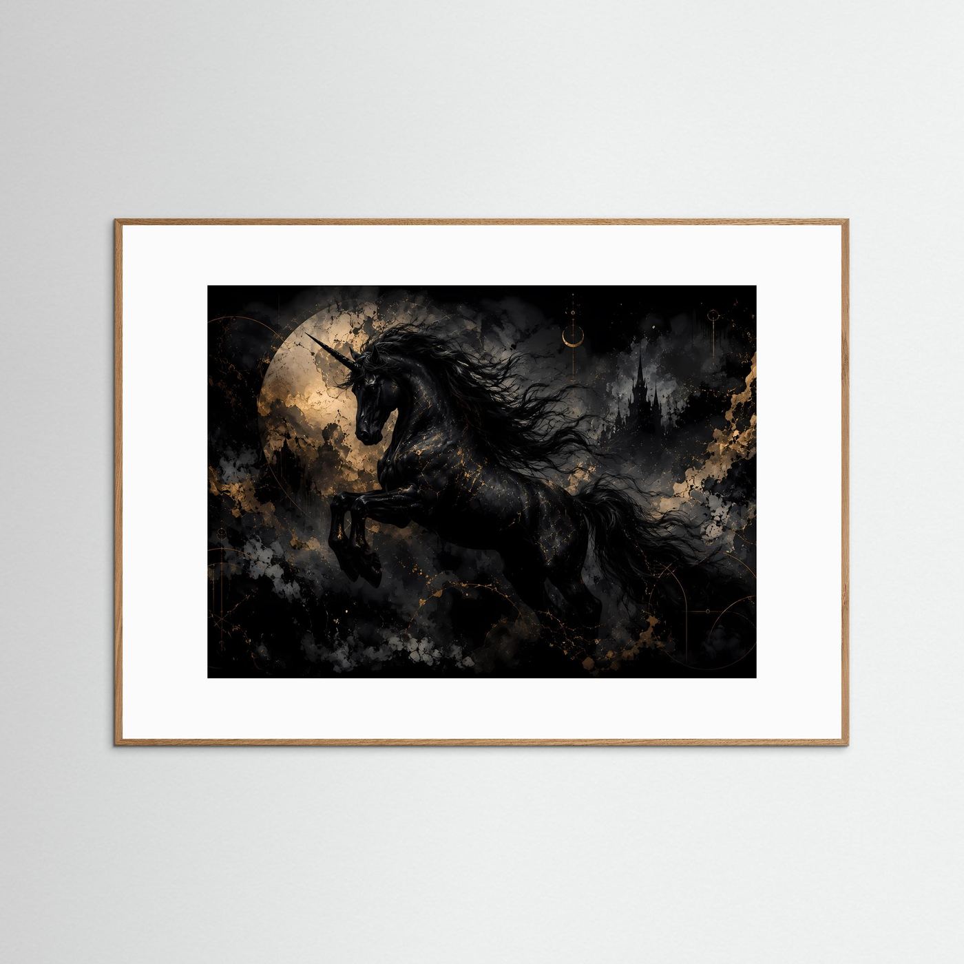 Schwarzes Einhorn Poster | Mystische Fantasy Wandkunst | Gothic Unicorn | Gold Schwarz Kunst | Premium Leinwandbild