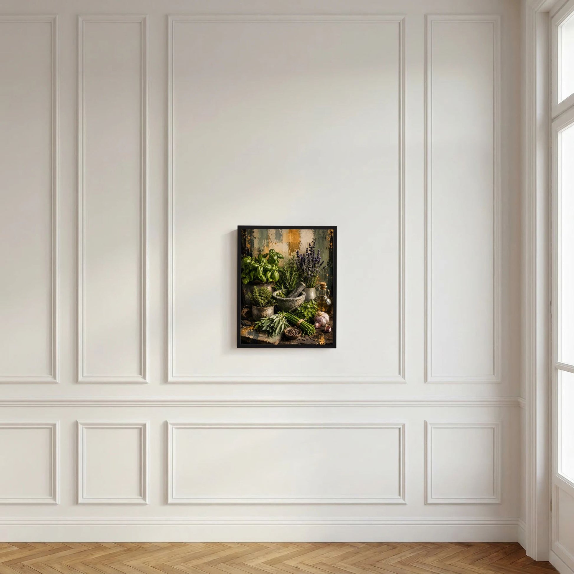 Küchenposter mit Kräuterstillleben in dunklem Rahmen: Basilikum, Lavendel und Kräuter