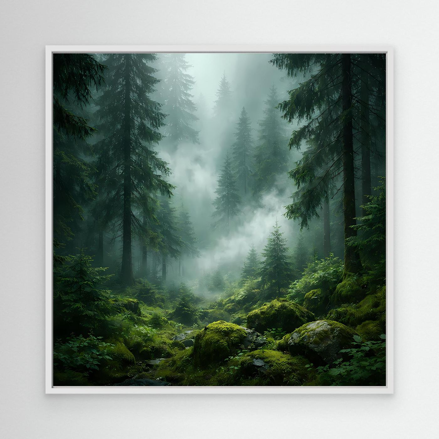 Leinwandbild Wald mit Nebel und Tannen, moosige Felsen, weißer Rahmen