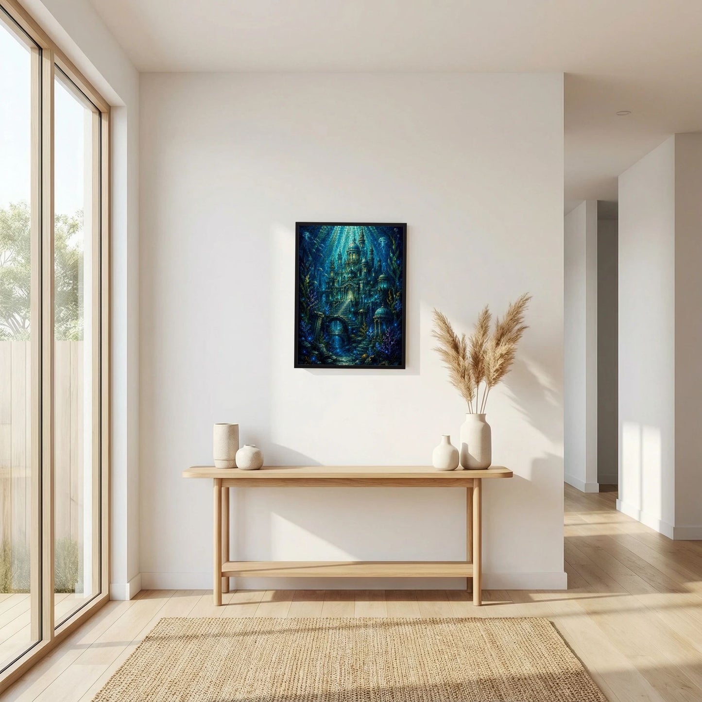 Hochformat-Poster mit schwarzem Rahmen über Konsole: Unterwasserstadt in Blaugrün