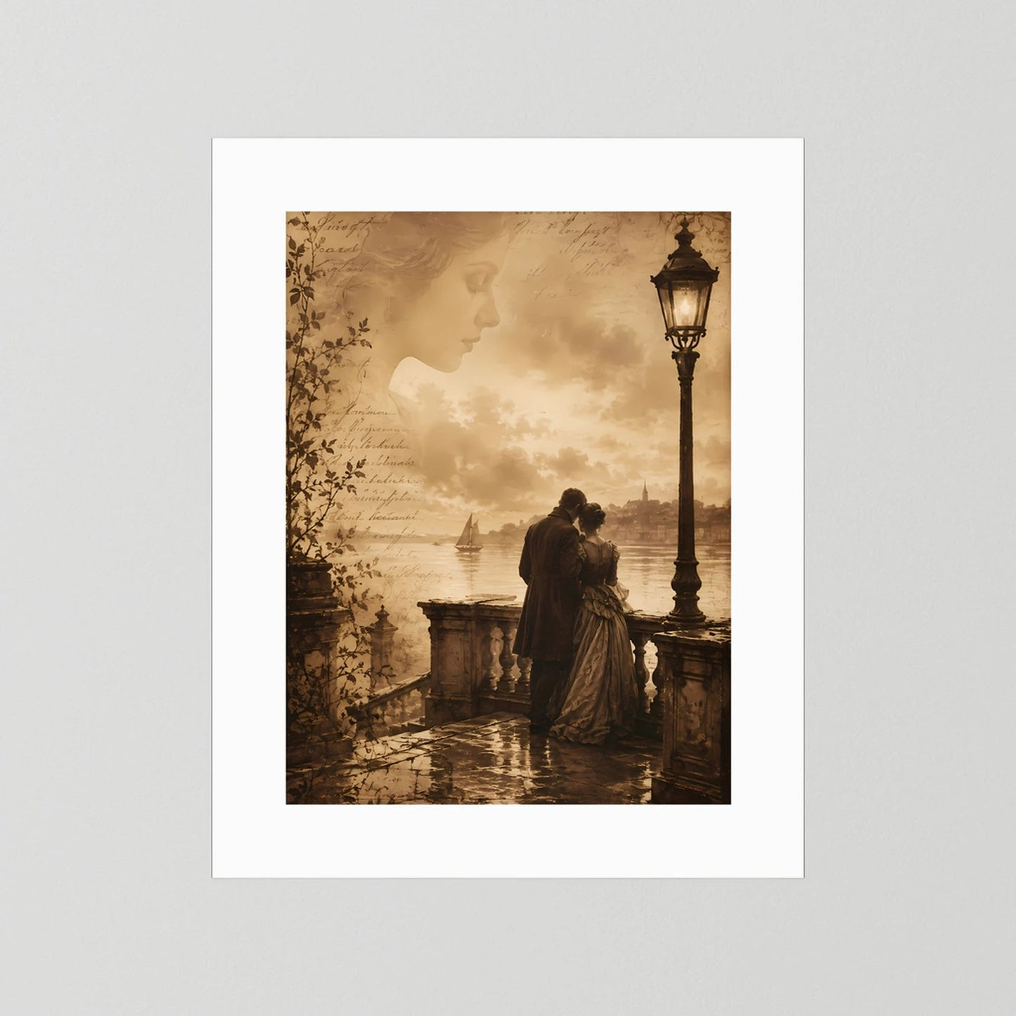 Hochformatiges Poster mit sepia Szene: Frau und Mann am Geländer, Laterne, im weißen Passepartout