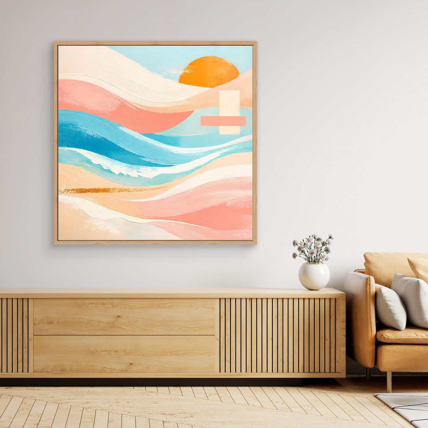 Quadratisches Leinwandbild mit abstraktem Meer und Sonne in Pastell, orangefarbene Sonne, Holzrahmen