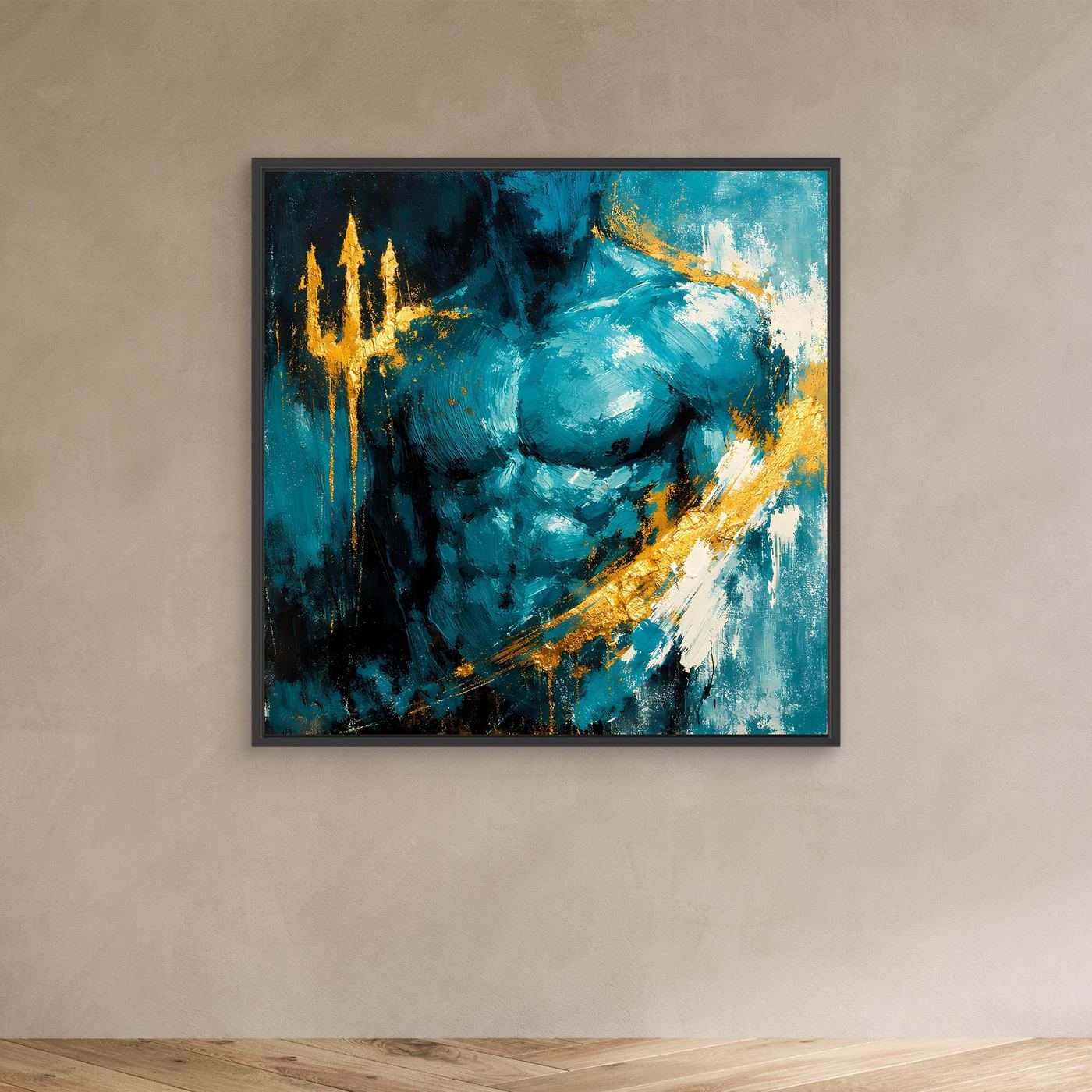 Leinwand Kraftvoller Poseidon in Türkis | Abstraktes Meeresgott Wandbild Gold