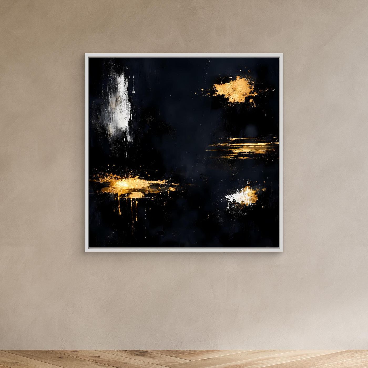 Leinwand Goldene Lichtakzente auf Schwarz | Modernes Abstraktes Minimalismus Wandbild