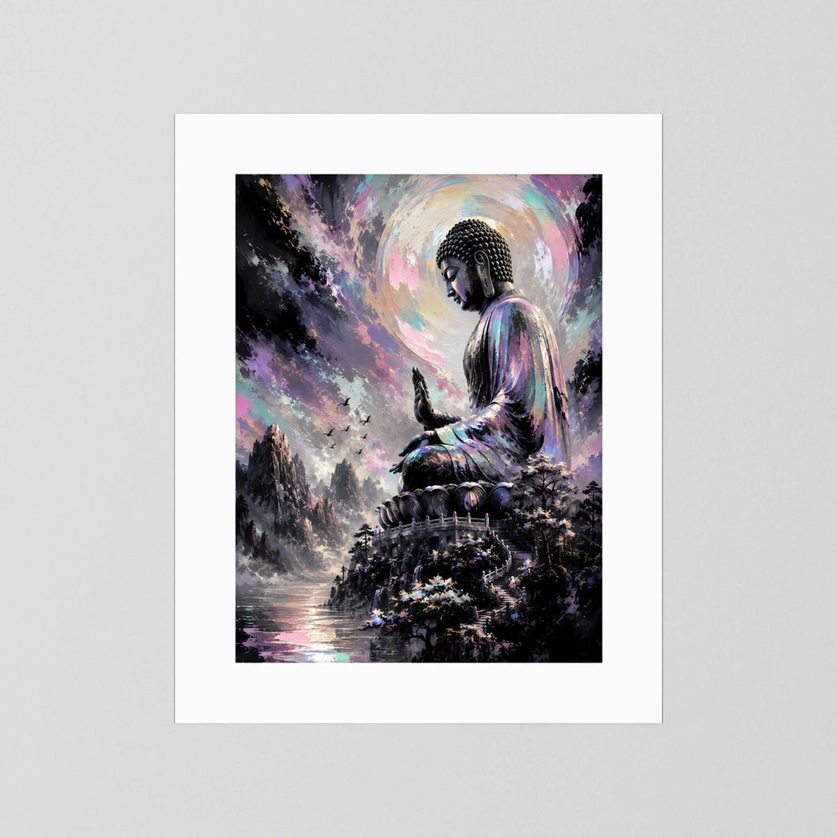 Kunstposter mit meditierendem Buddha in Pastellfarben, weißer Rahmen ohne Holzrahmen