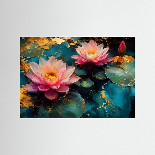 Wandbild mit Seerosen in Rosa und Gold auf blaugrünen Seerosenblättern, florales Motiv