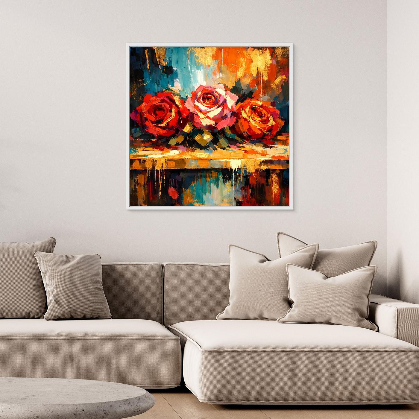 Quadratisches Leinwandbild mit abstrakten Rosen, dunkler Rahmen, orange, rot und blau mit Spiegelung