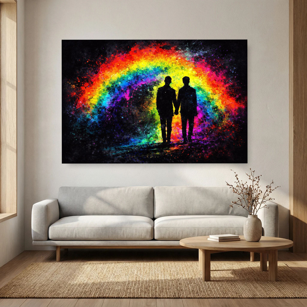 Gerahmtes Wandbild im Querformat mit Silhouettenpaar und leuchtendem Regenbogenbogen