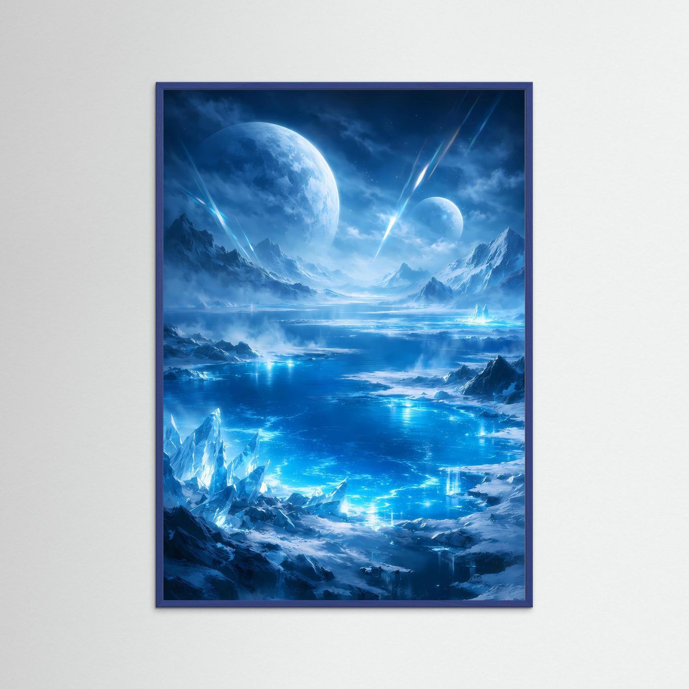 Sci‑Fi-Kunstposter im blauem Rahmen: blaue Eislandschaft, große Monde und leuchtende Lichtstrahlen