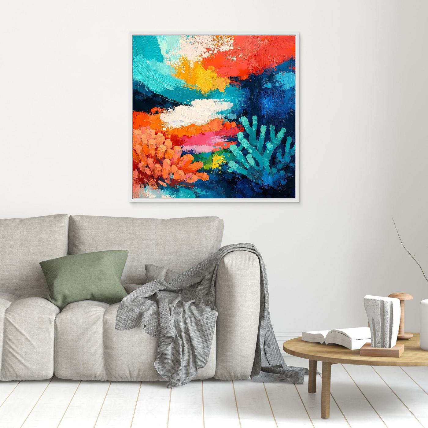 Leinwand-Wandbild mit abstraktem Korallenriff in Weiß-Rahmen